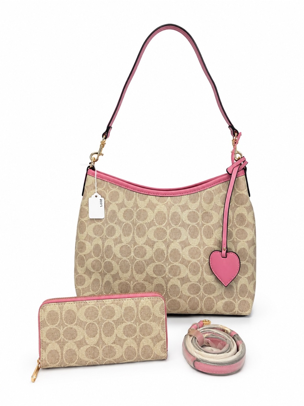Beige Signature Canvas Shoulder Bag with Pink Trim and Wallet